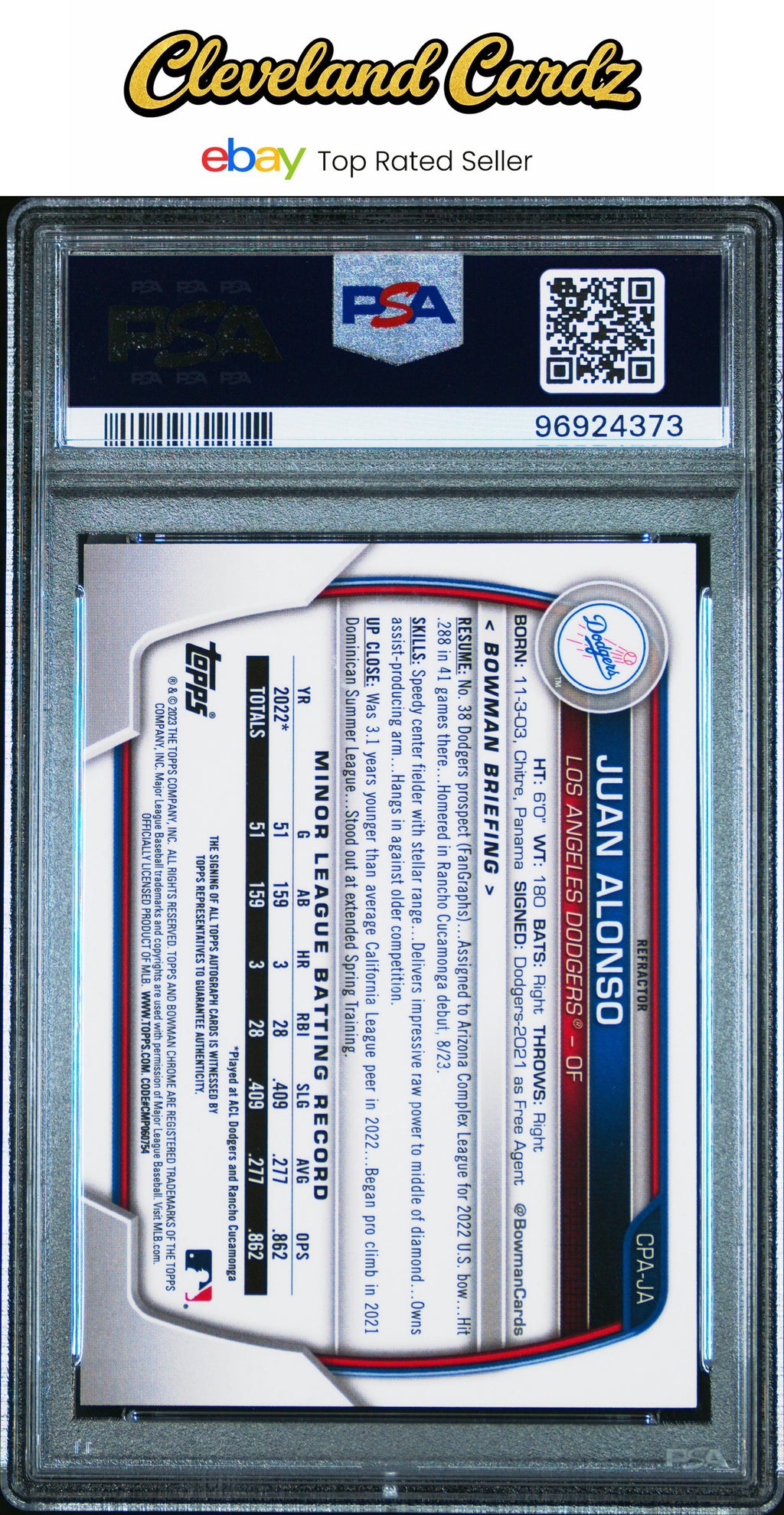 2023 Bowman Chrome Prospect Autographs Juan Alonso Refractor PSA 9 #/499