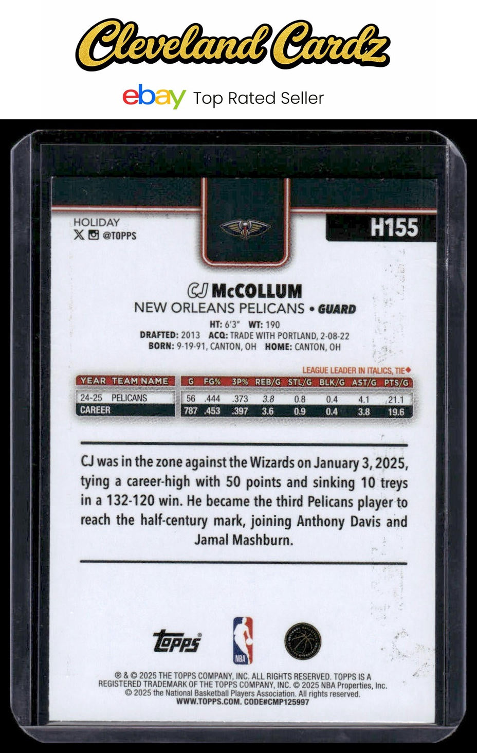 2025-26 Topps Holiday #H155 CJ McCollum Blue Metallic Glitter Holiday