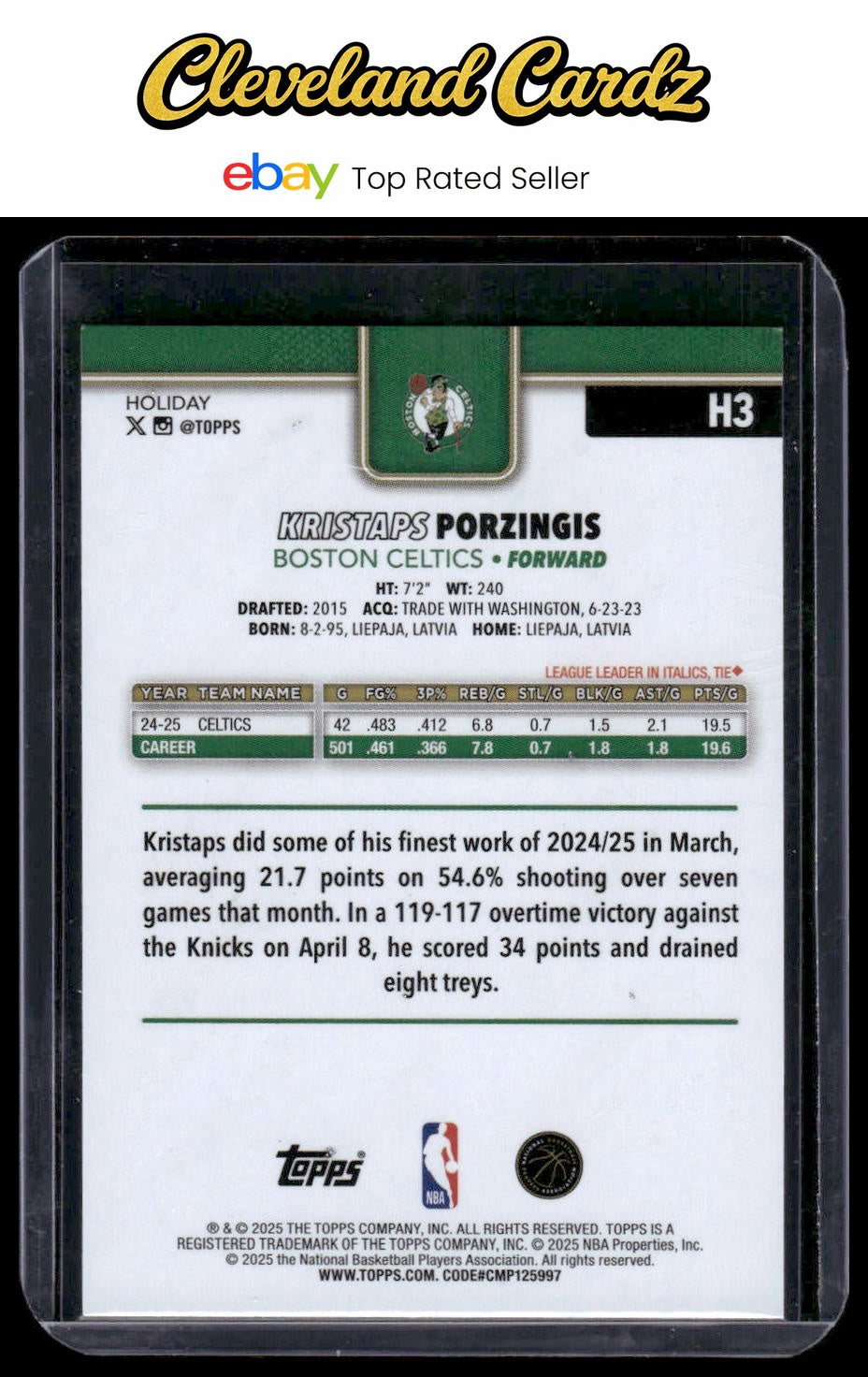 2025-26 Topps Holiday #H3 Kristaps Porzingis Glitter Holiday