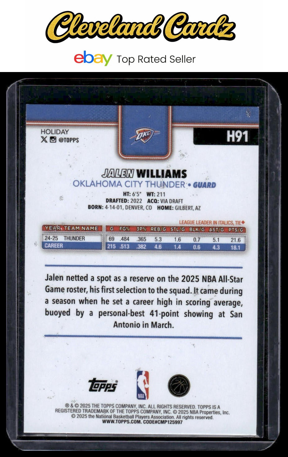 2025-26 Topps Holiday #H91 Jalen Williams Glitter Holiday
