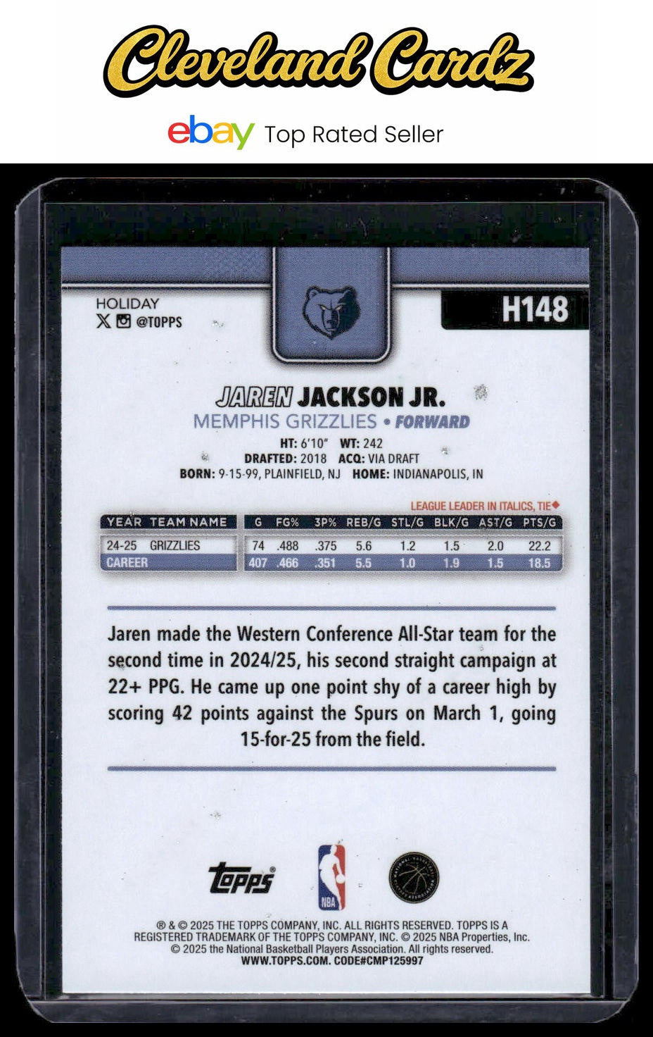 2025-26 Topps Holiday #H148 Jaren Jackson Jr. Glitter Holiday