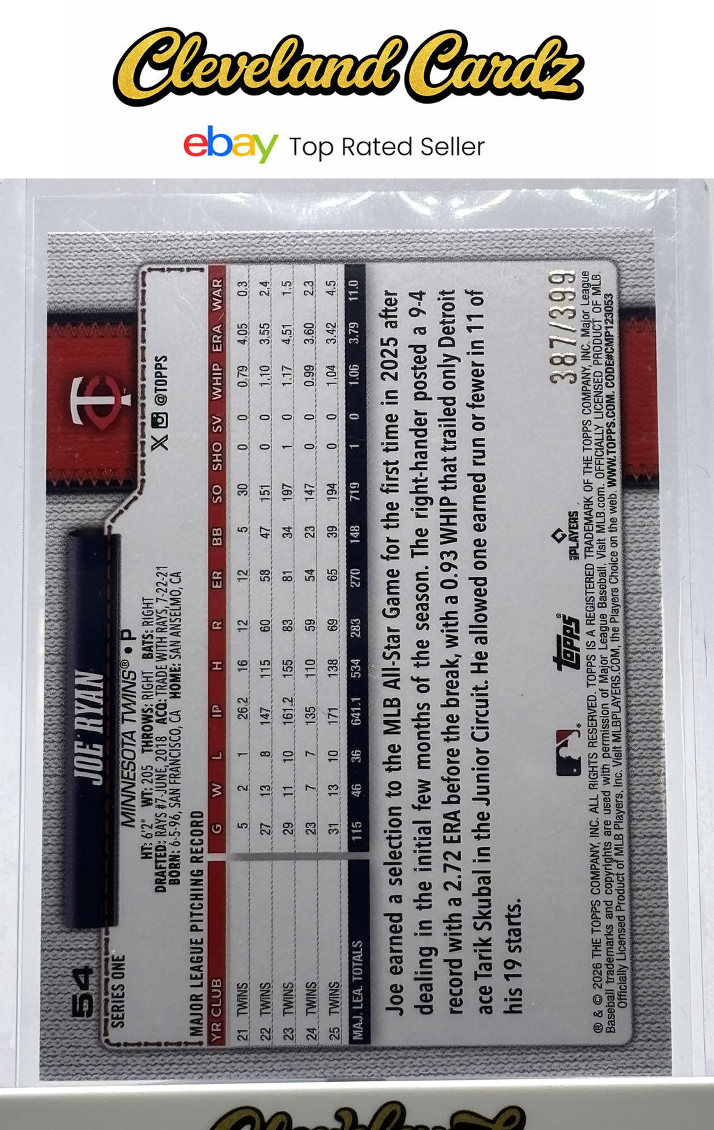 2026 Topps #54 Joe Ryan Yellow Rainbow Foil #/399