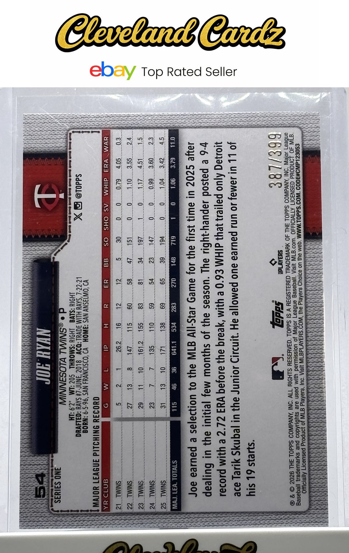 2026 Topps #54 Joe Ryan Yellow Rainbow Foil #/399