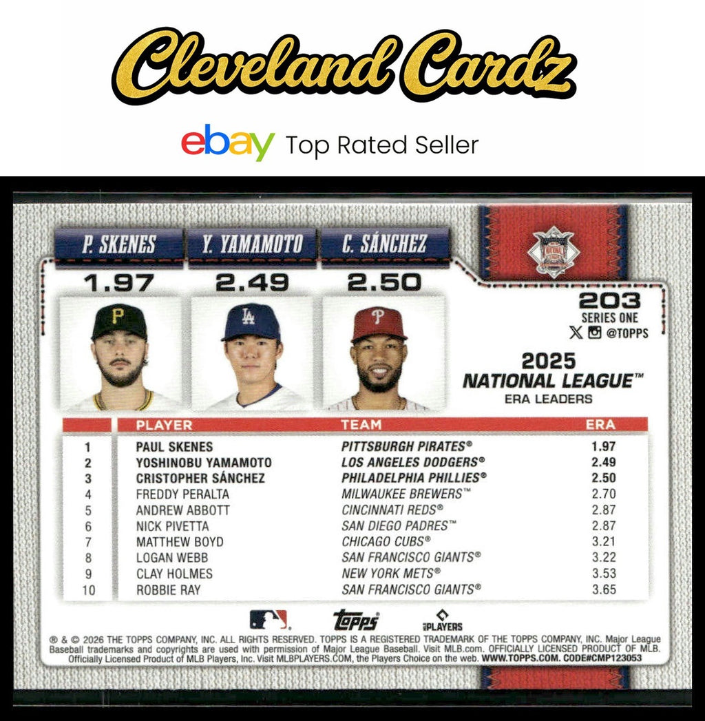 2026 Topps #203 NL Leaders ERA (P. Skenes / Y. Yamamoto / C. Sánchez)