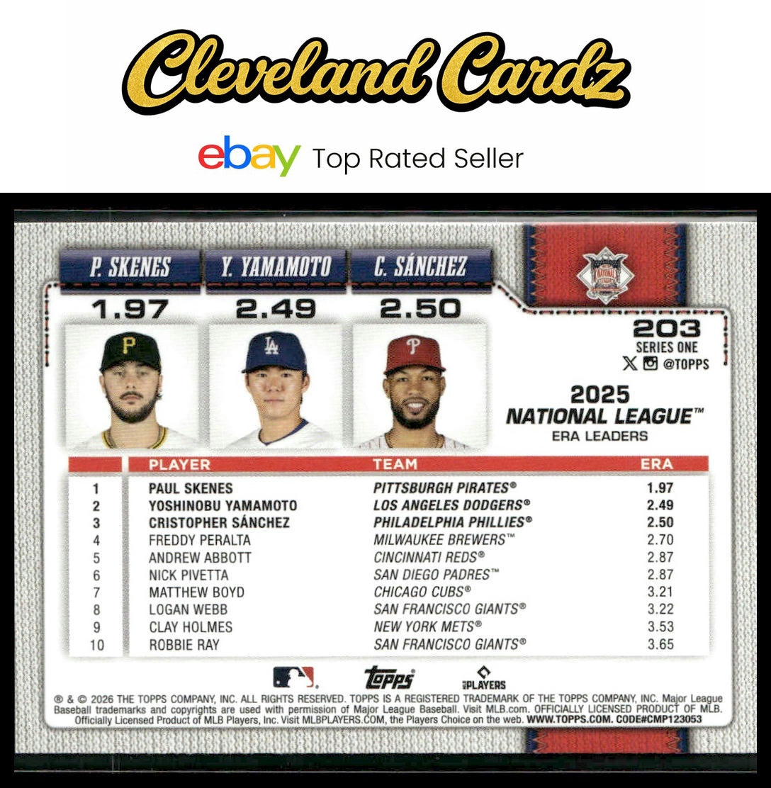 2026 Topps #203 NL Leaders ERA (P. Skenes / Y. Yamamoto / C. Sánchez)