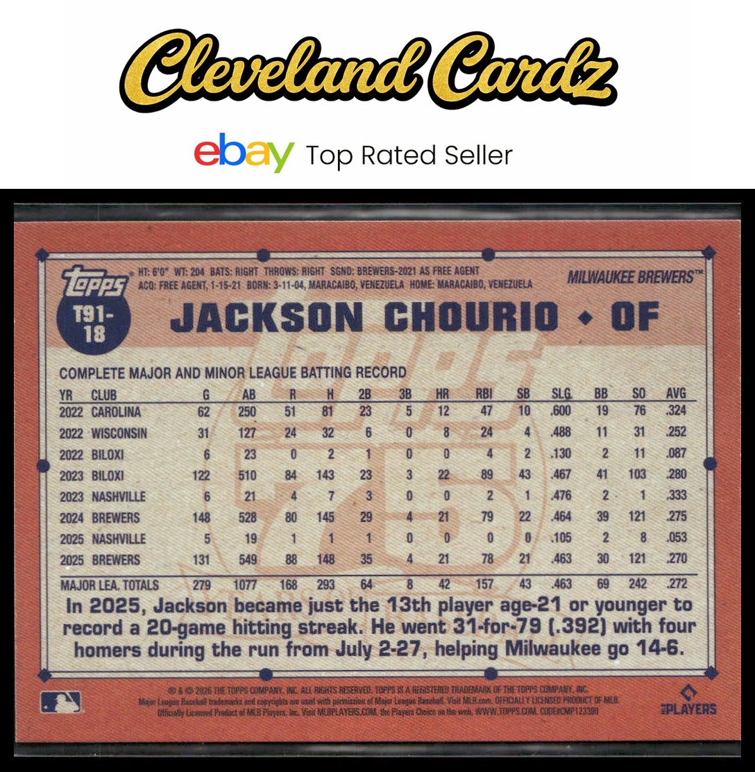 2026 Topps #T91-18 Jackson Chourio 1991 Topps Baseball 35th Anniversary