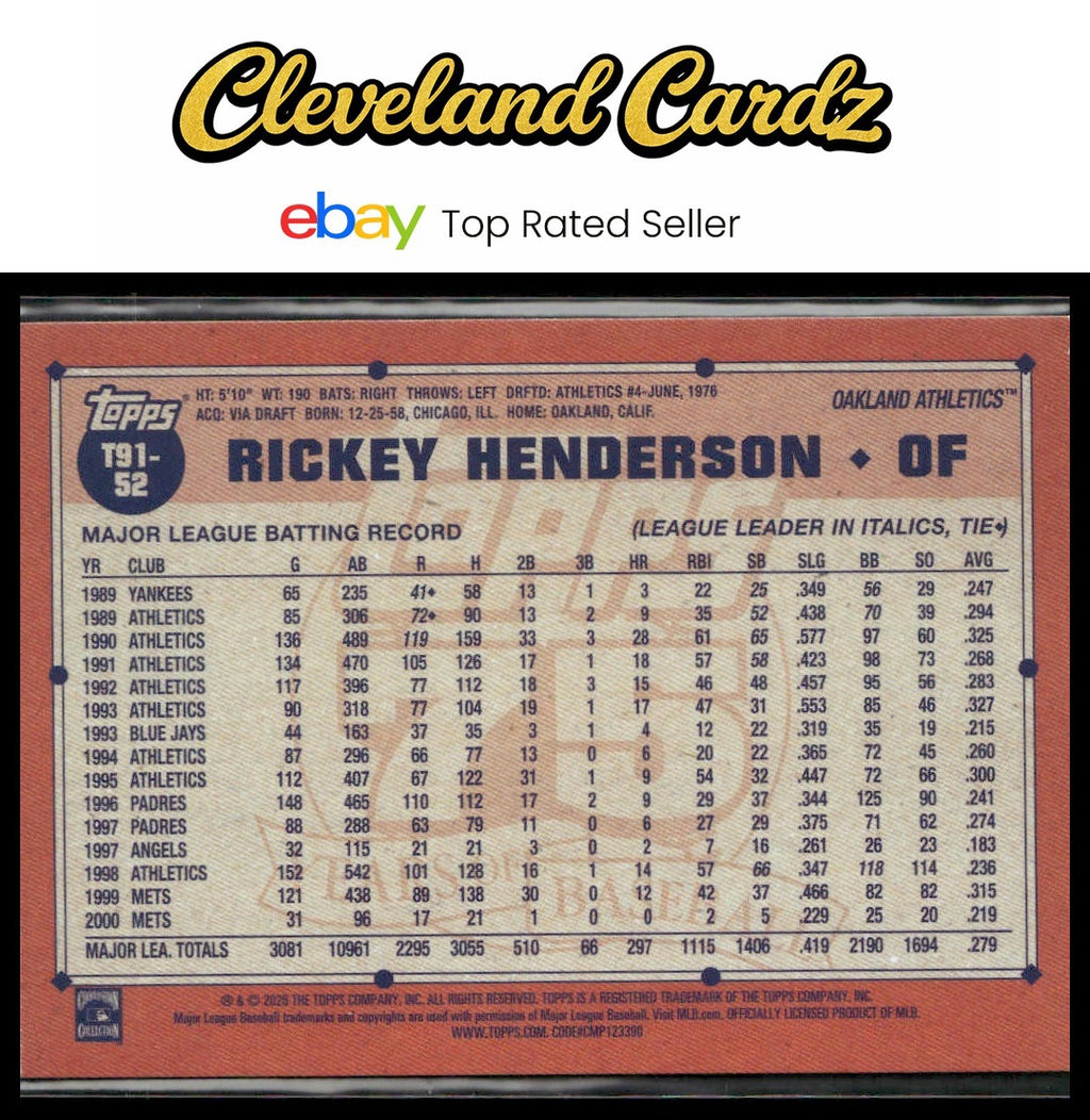 2026 Topps #T91-52 Rickey Henderson 1991 Topps Baseball 35th Anniversary