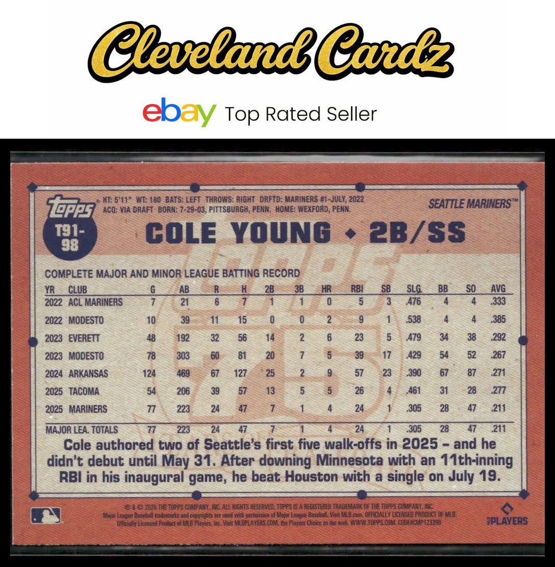 2026 Topps #T91-98 Cole Young 1991 Topps Baseball 35th Anniversary