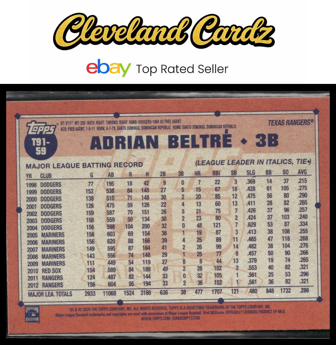 2026 Topps #T91-59 Adrian Beltré 1991 Topps Baseball 35th Anniversary