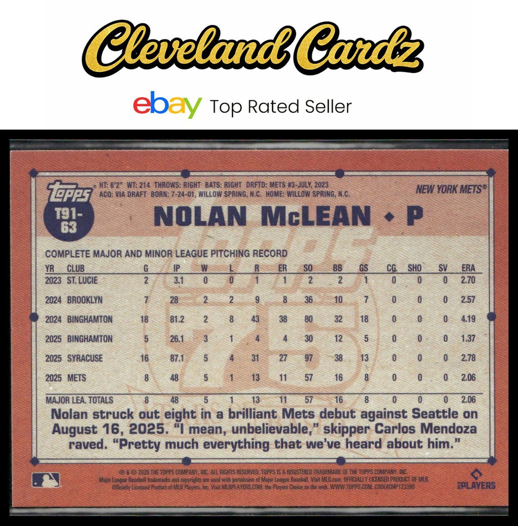 2026 Topps #T91-63 Nolan McLean 1991 Topps Baseball 35th Anniversary