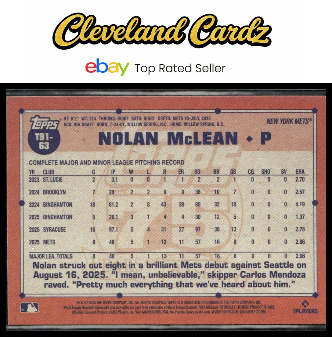 2026 Topps #T91-63 Nolan McLean 1991 Topps Baseball 35th Anniversary