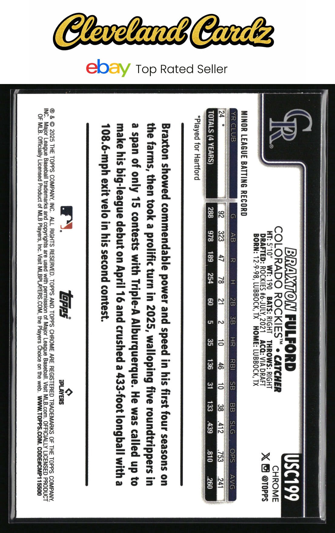 2025 Topps Chrome Update #USC199 Braxton Fulford RC