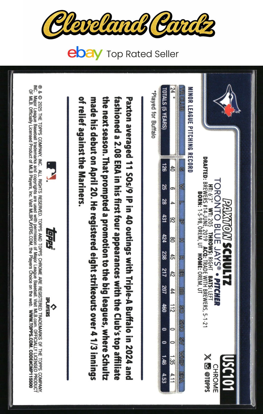 2025 Topps Chrome Update #USC101 Paxton Schultz RC
