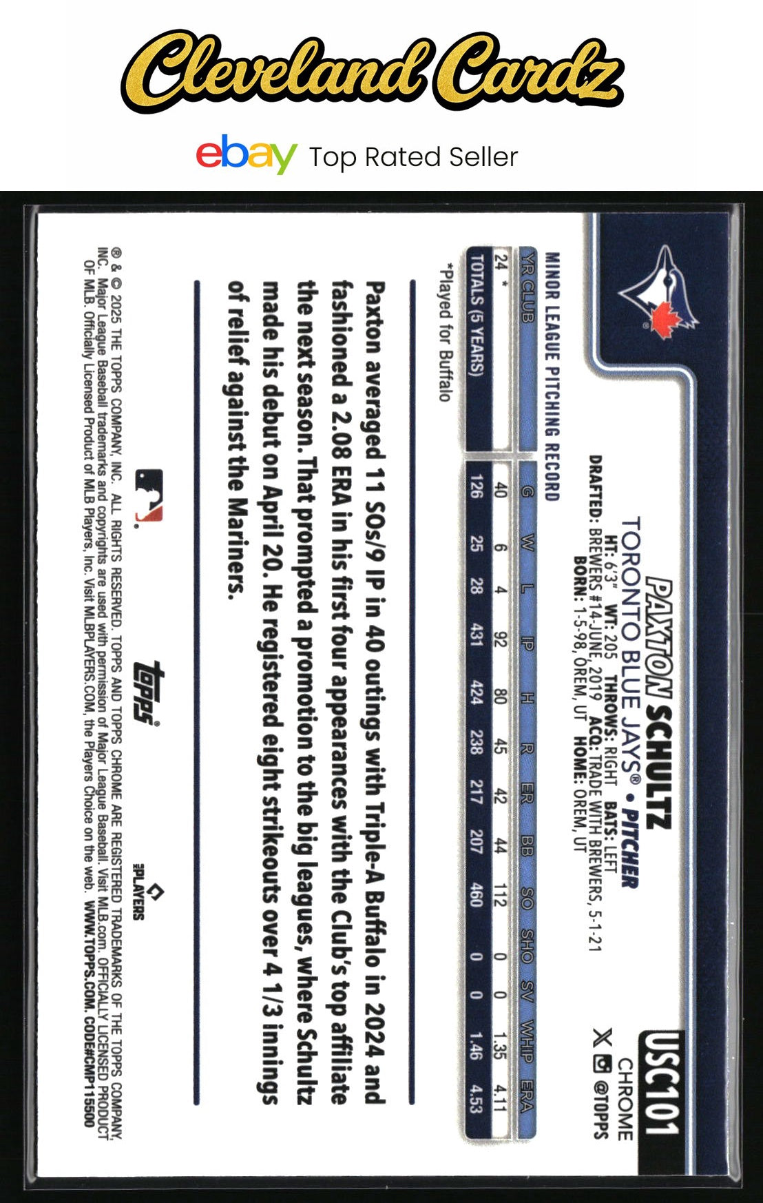 2025 Topps Chrome Update #USC101 Paxton Schultz RC