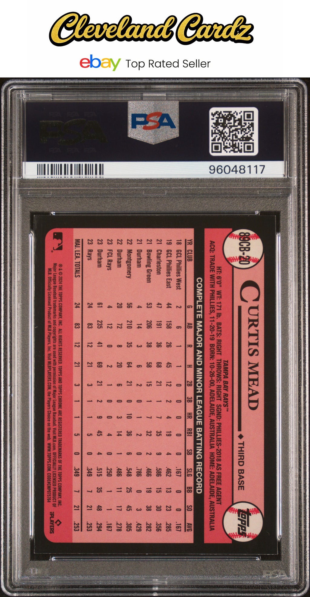 2024 Topps Chrome 1989 Topps Baseball #20 Curtis Mead Green Refractor PSA 9