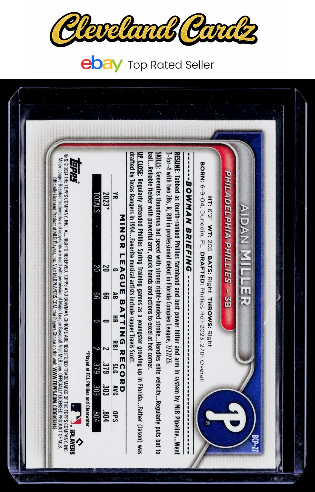 2024 Bowman #BCP-27 Aidan Miller Chrome Prospects
