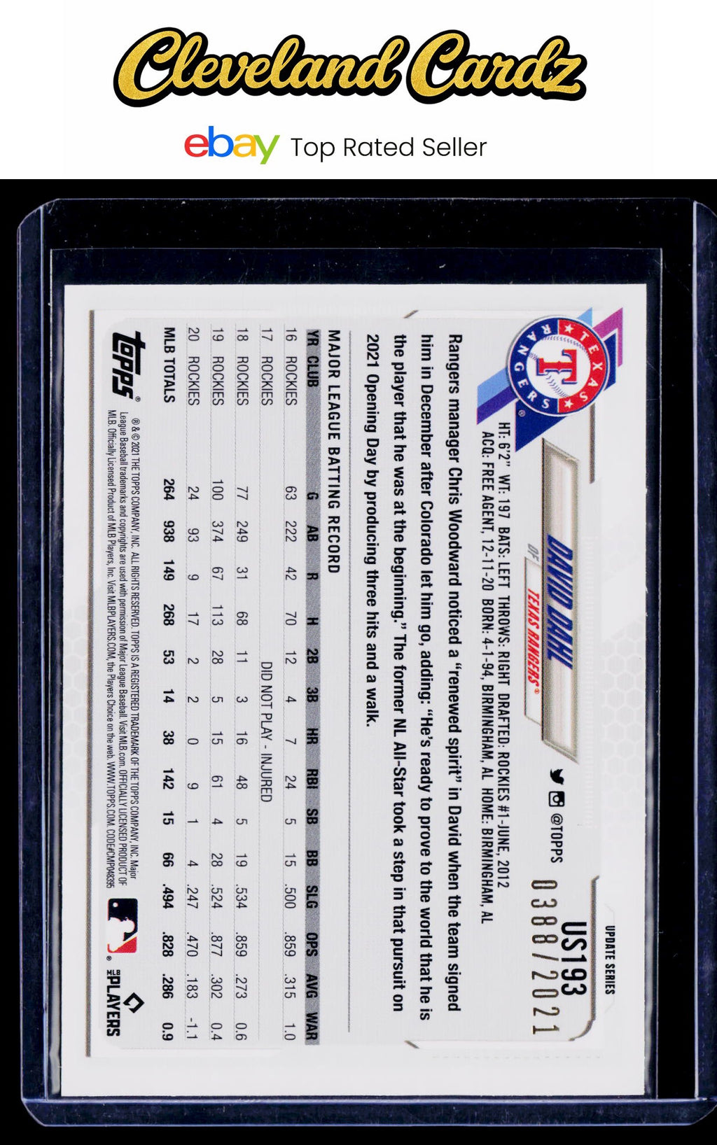 2021 Topps Update #US193 David Dahl Gold #/2021
