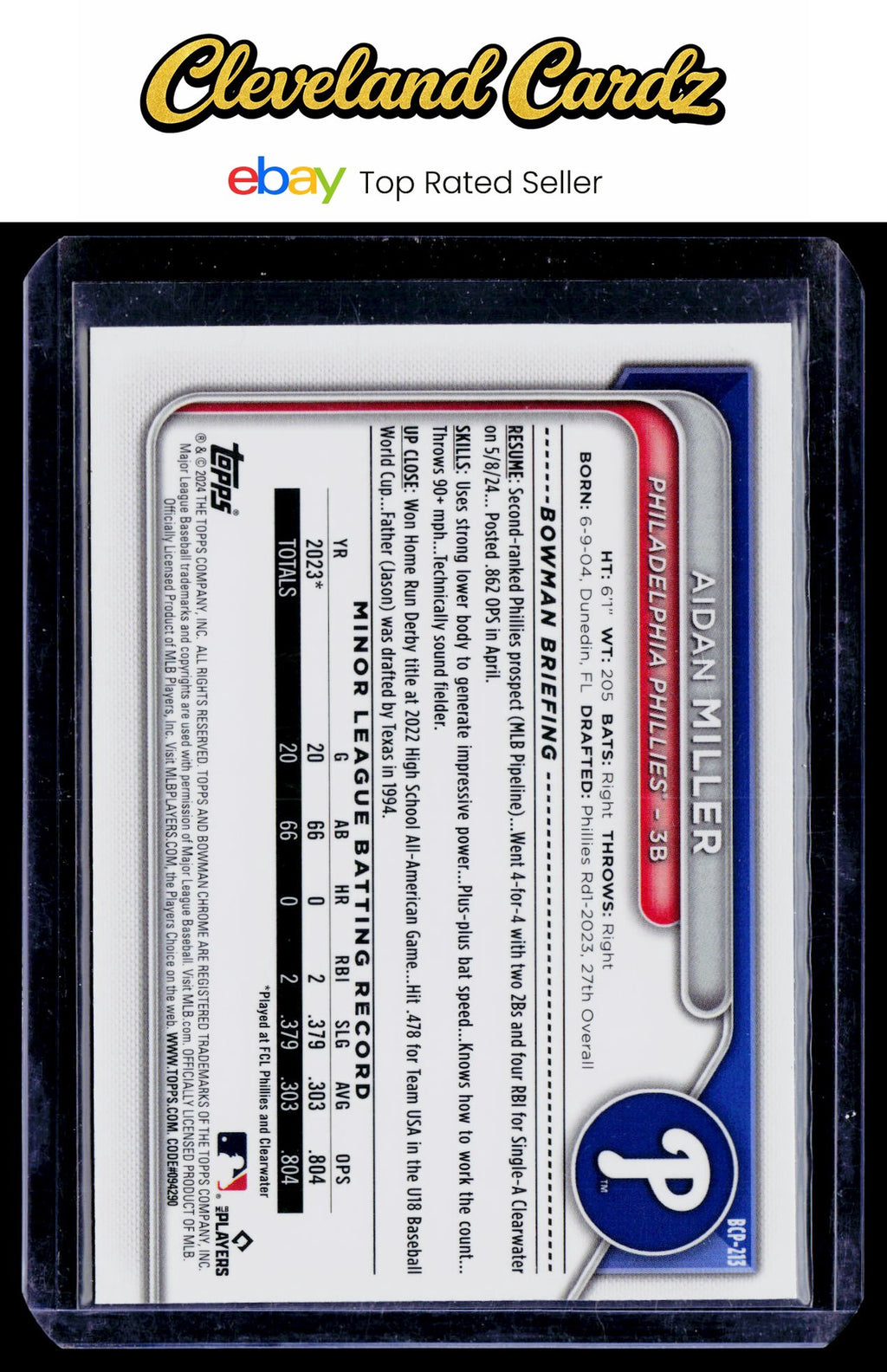 2024 Bowman Chrome #BCP-213 Aidan Miller Prospects Mojo Refractors