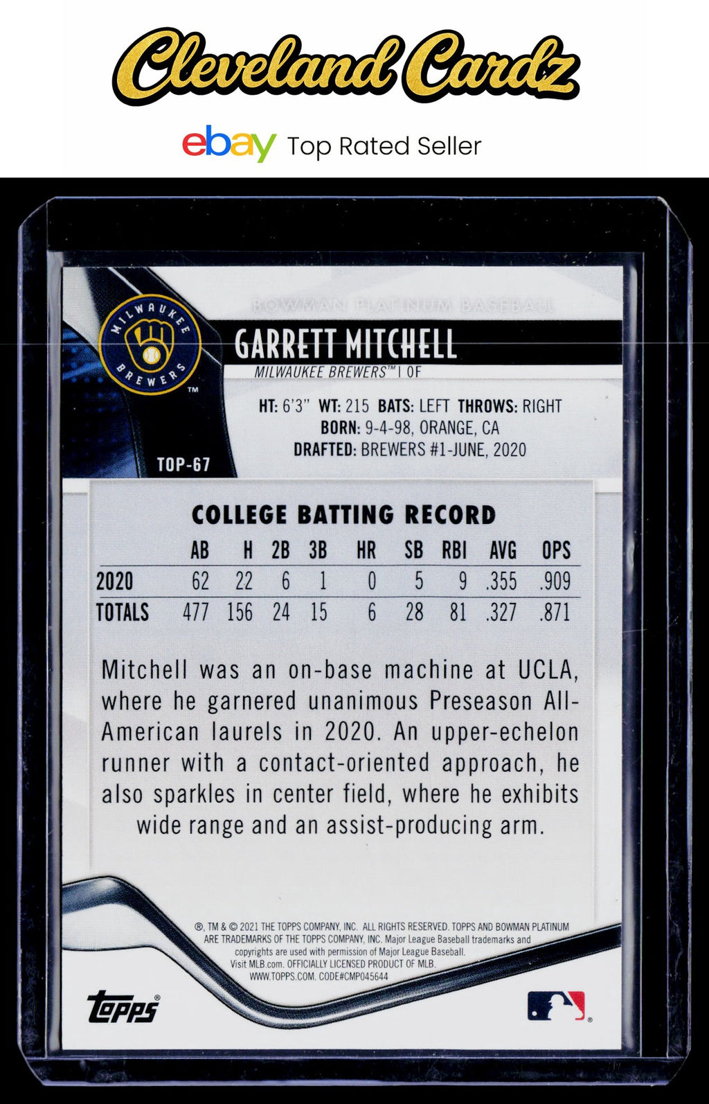 2021 Bowman Platinum #TOP-67 Garrett Mitchell Top Prospects Green Refractor #/99