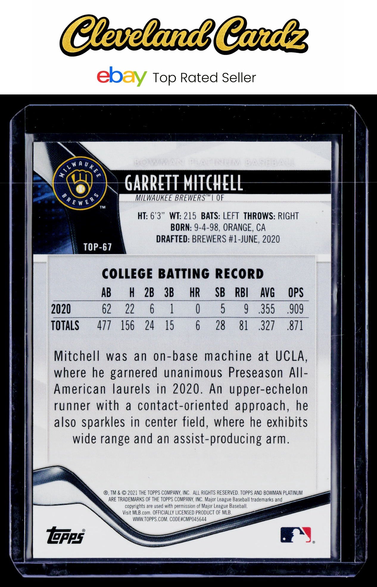 2021 Bowman Platinum #TOP-67 Garrett Mitchell Top Prospects Green Refractor #/99