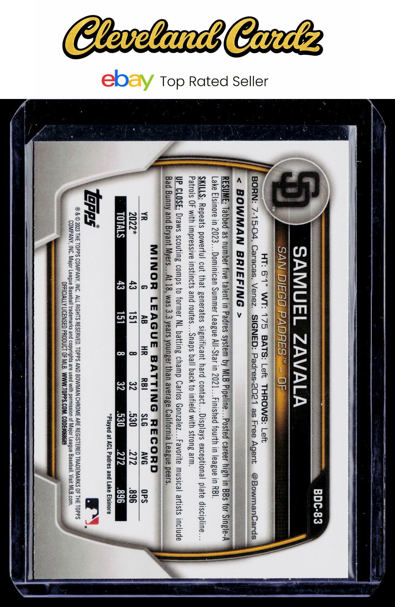 2023 Bowman Draft #BDC-83 Samuel Zavala Chrome Sky Blue Refractor