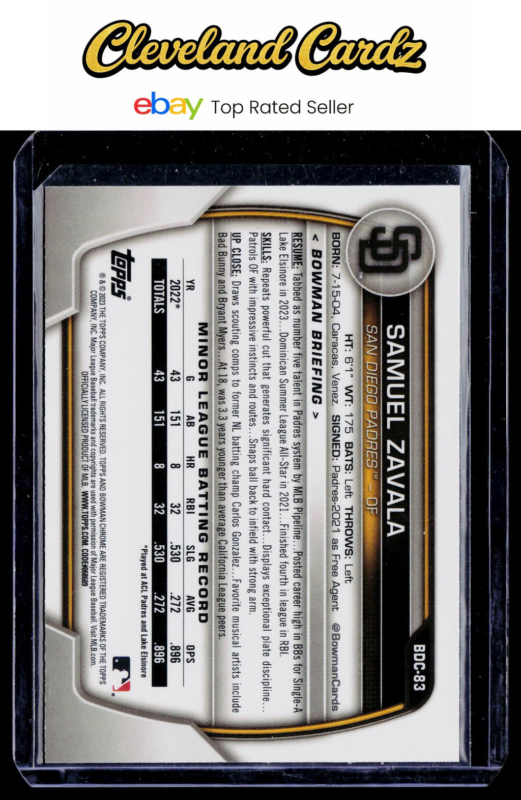 2023 Bowman Draft #BDC-83 Samuel Zavala Chrome Sky Blue Refractor
