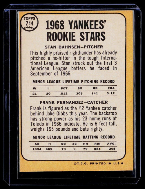 1968 Topps #214 Yankees 1968 Rookie Stars (Stan Bahnsen / Frank Fernandez)