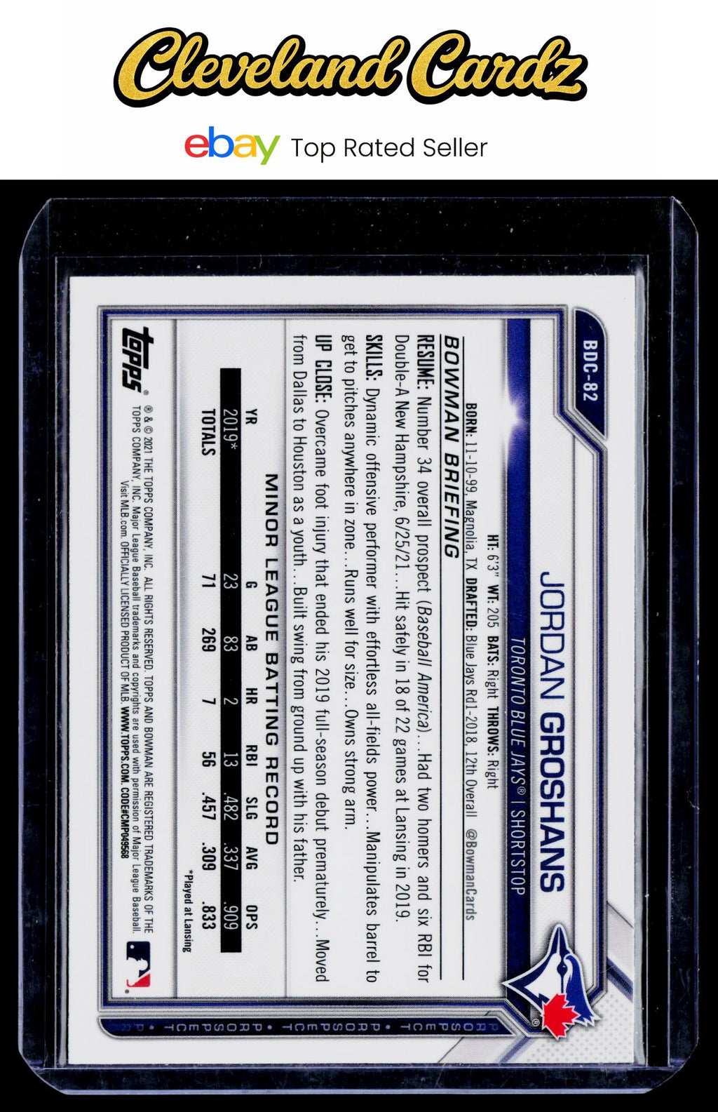 2021 Bowman Draft #BDC-82 Jordan Groshans Chrome Sky Blue Refractor