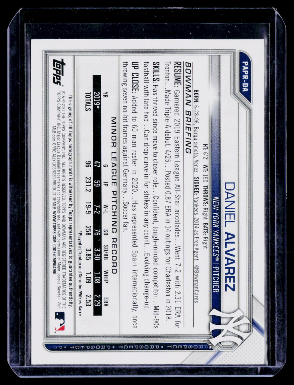 2021 Bowman #PAPR-DA Daniel Alvarez Prospect Autographs Green #/99