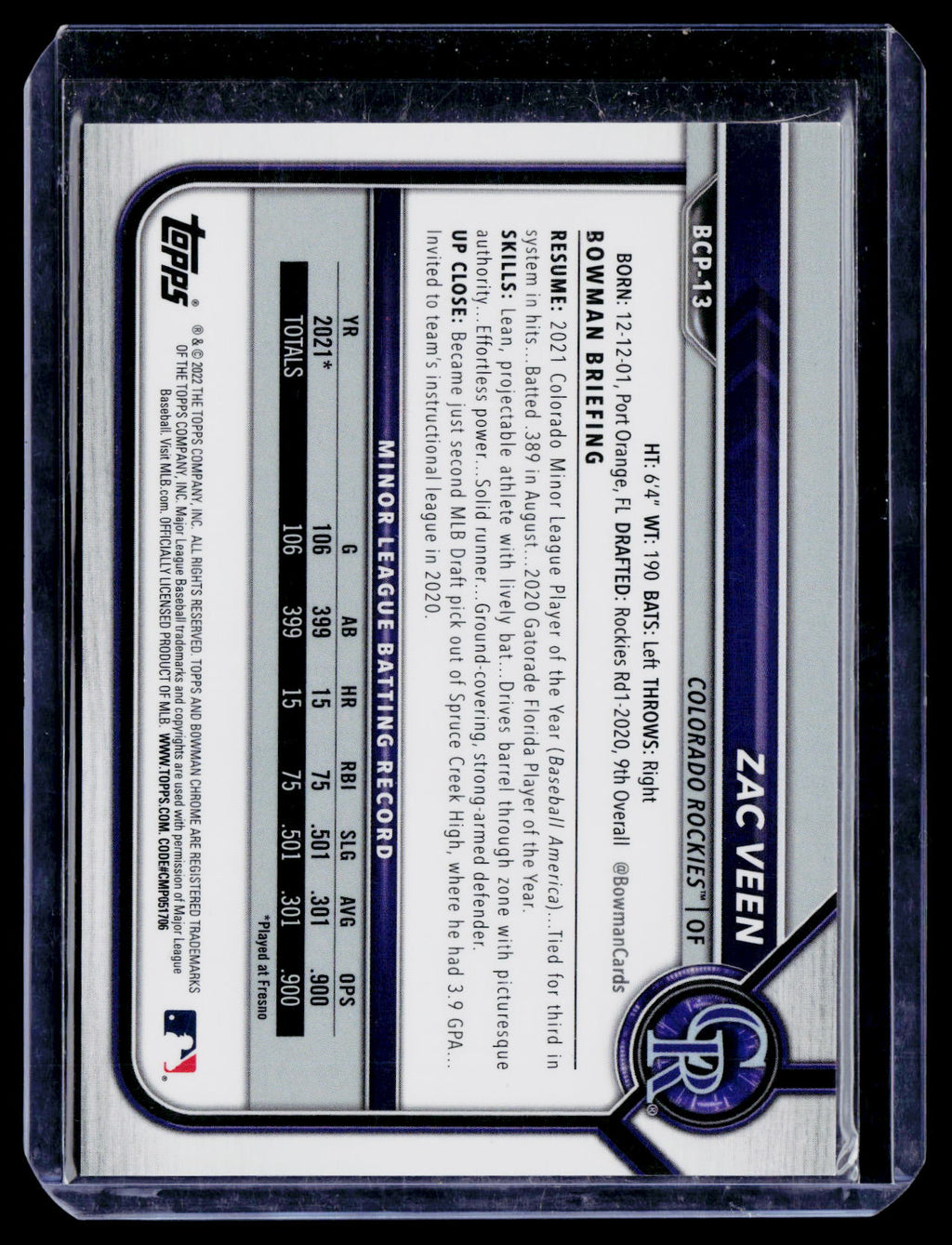 2022 Bowman #BCP-13 Zac Veen Chrome Prospects Fuchsia Refractors #/199