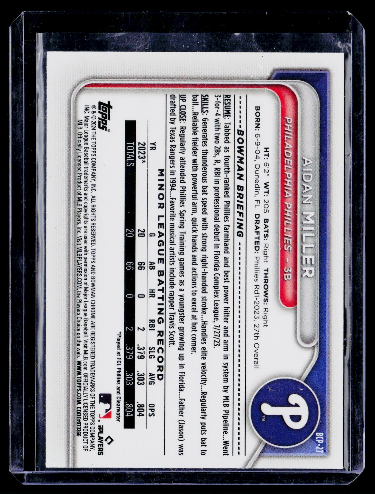2024 Bowman #BCP-27 Aidan Miller Chrome Prospects Mojo Refractors