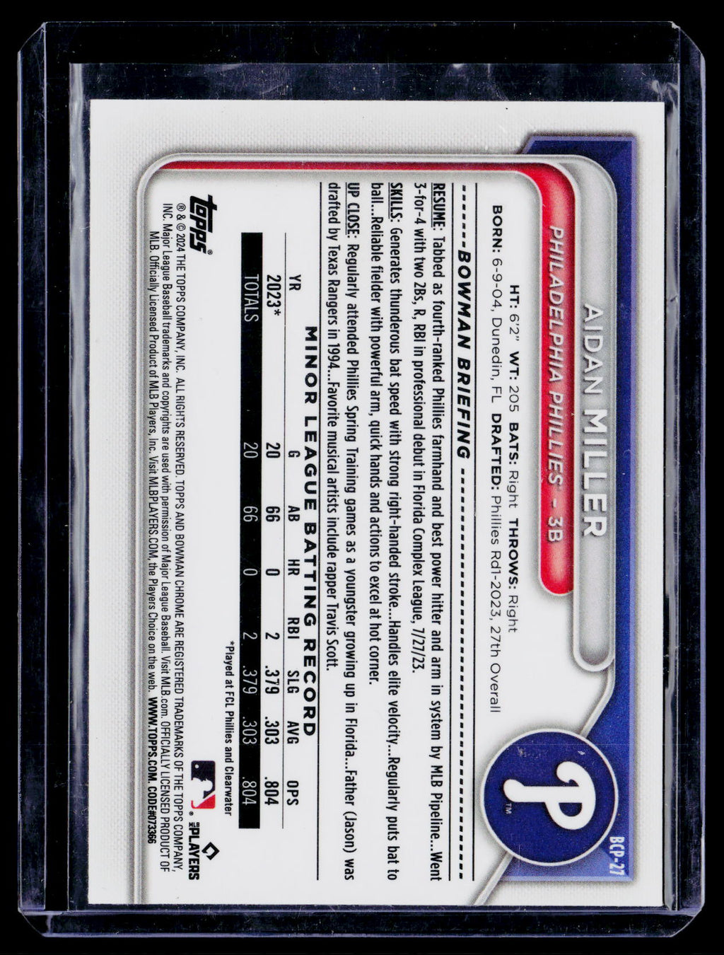 2024 Bowman #BCP-27 Aidan Miller Chrome Prospects Mojo Refractors