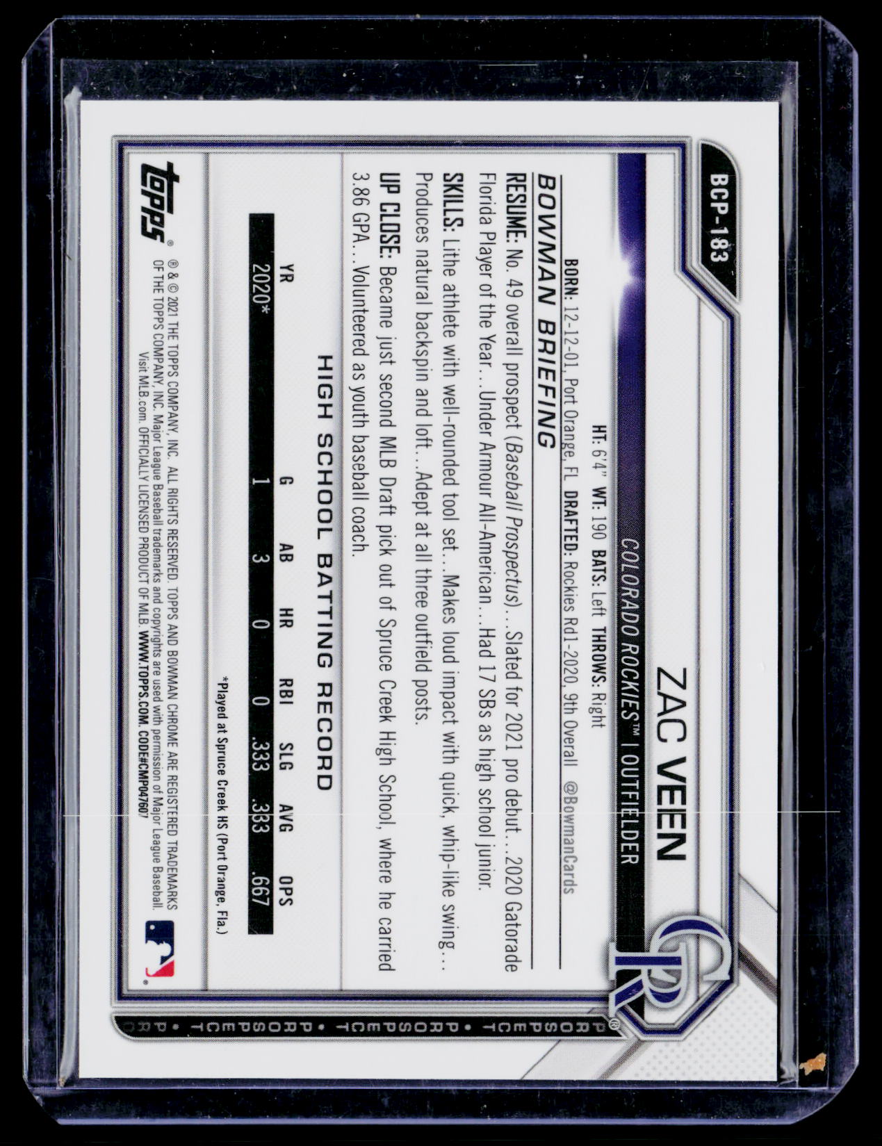 2021 Bowman Chrome #BCP-183 Zac Veen White Speckle Refractor