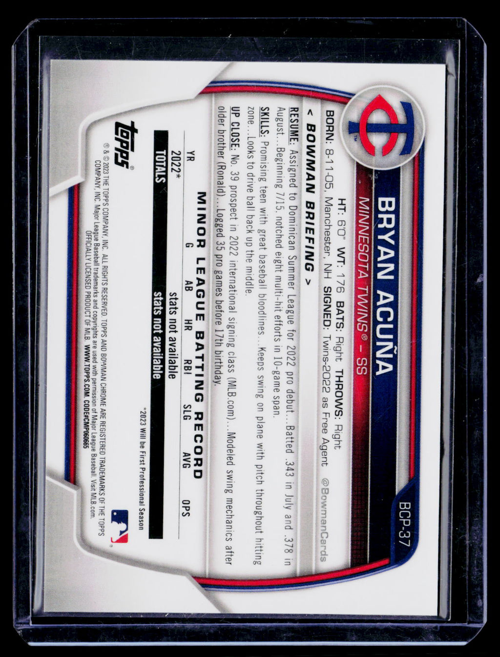 2023 Bowman #BCP-37 Bryan Acuña Chrome Prospects Lava Refractors #/399