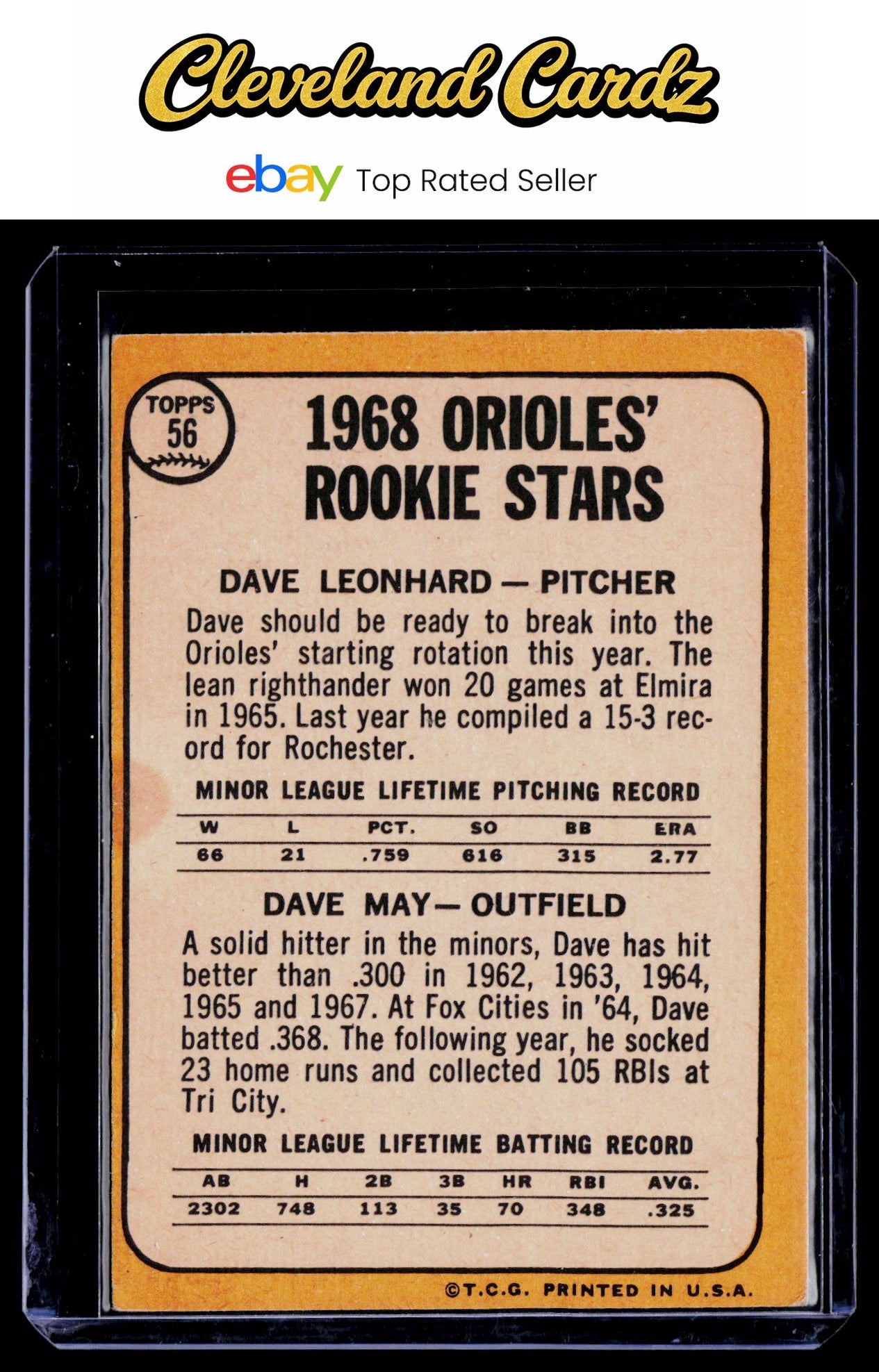1968 Topps #56 Orioles 1968 Rookie Stars (Dave Leonhard / Dave May) RC