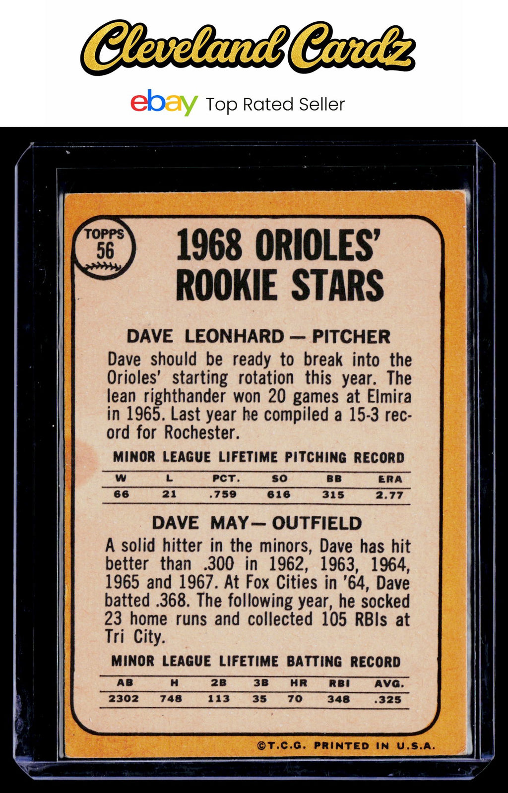 1968 Topps #56 Orioles 1968 Rookie Stars (Dave Leonhard / Dave May) RC
