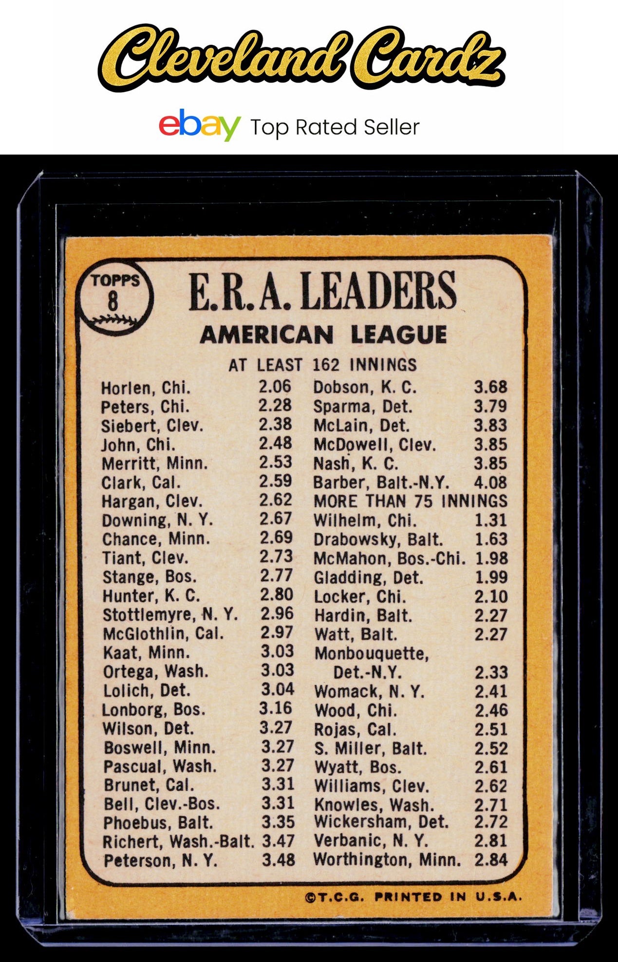 1968 Topps #8 American League 1967 ERA Leaders (Horlen/Peters/Siebert)