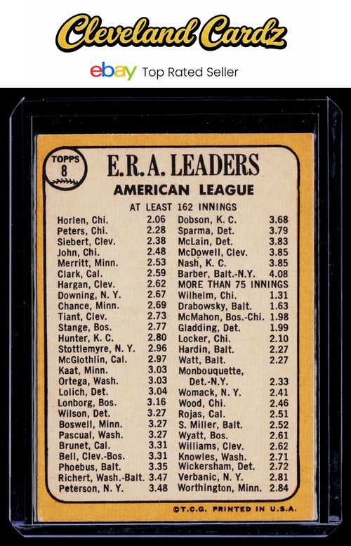 1968 Topps #8 American League 1967 ERA Leaders (Horlen/Peters/Siebert)