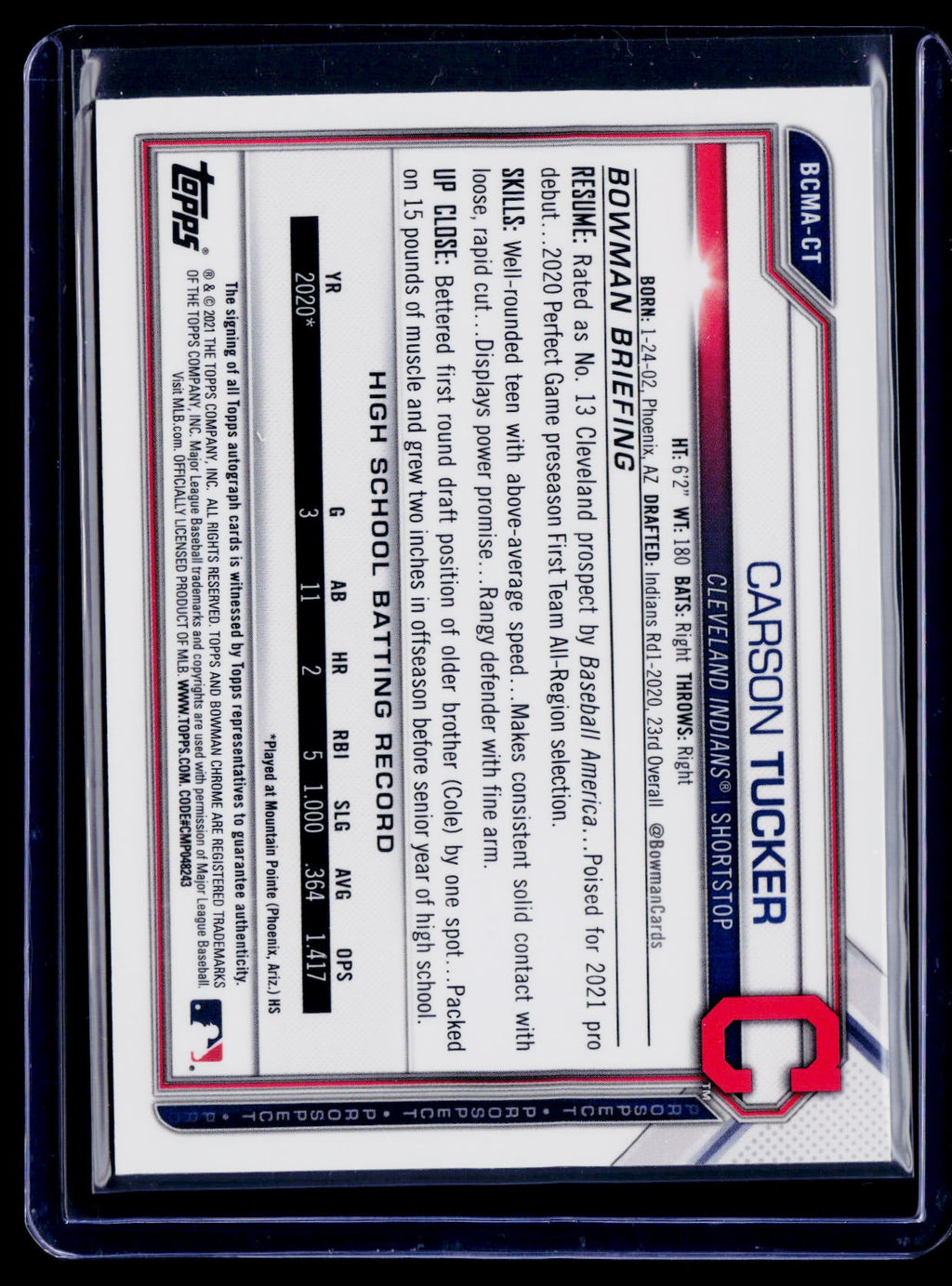 2021 Bowman Chrome #BCMA-CT Carson Tucker Prospect Autographs Mojo Refractor