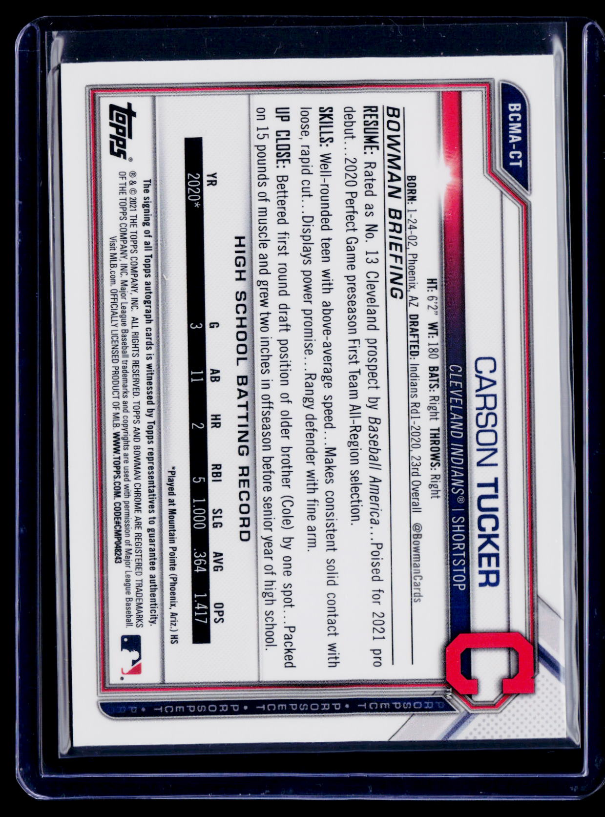2021 Bowman Chrome #BCMA-CT Carson Tucker Prospect Autographs Mojo Refractor