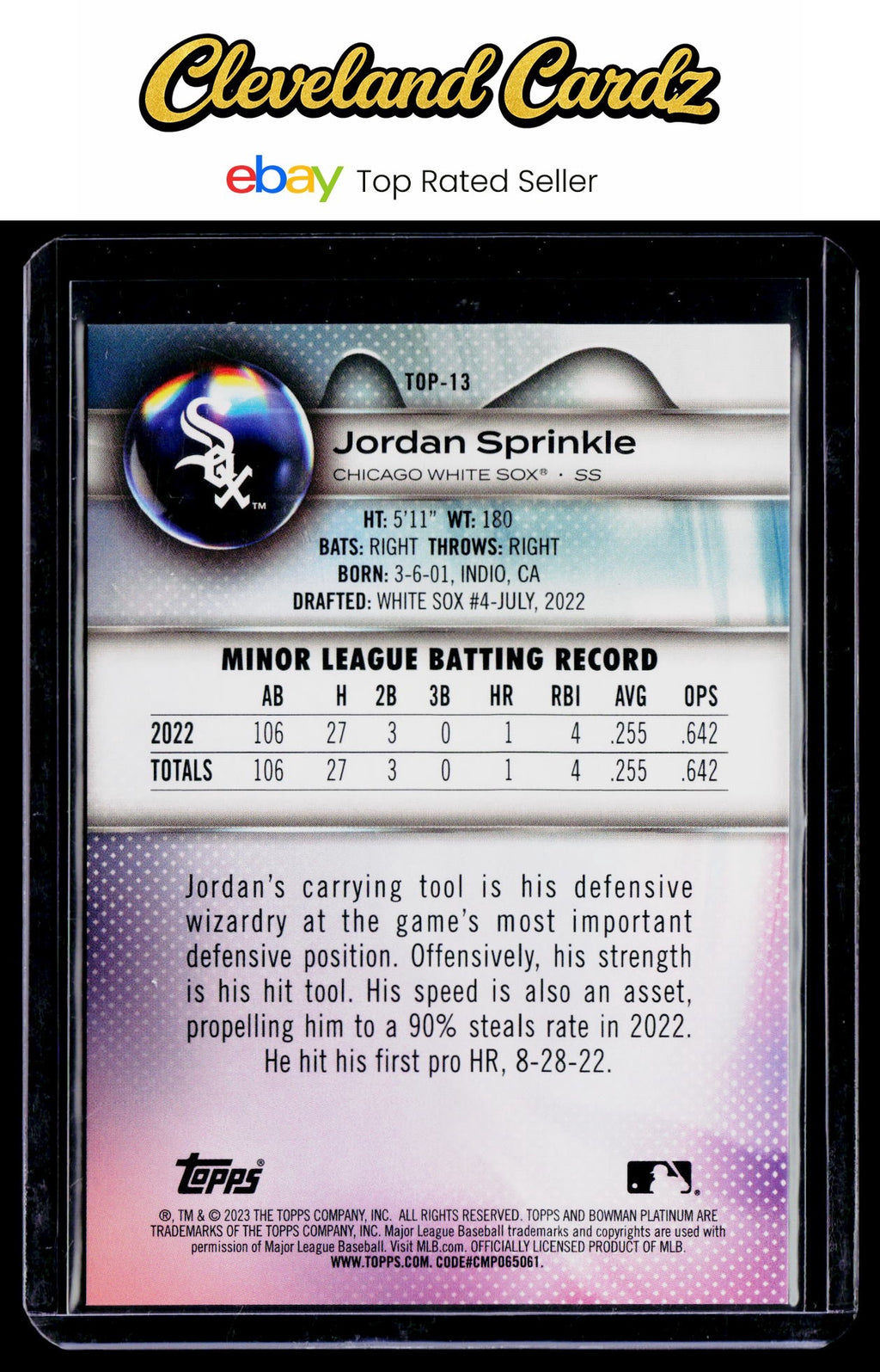 2023 Bowman Platinum #TOP-13 Jordan Sprinkle Top Prospects Pink #/199