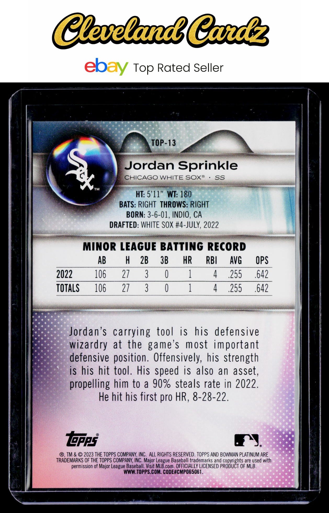 2023 Bowman Platinum #TOP-13 Jordan Sprinkle Top Prospects Pink #/199