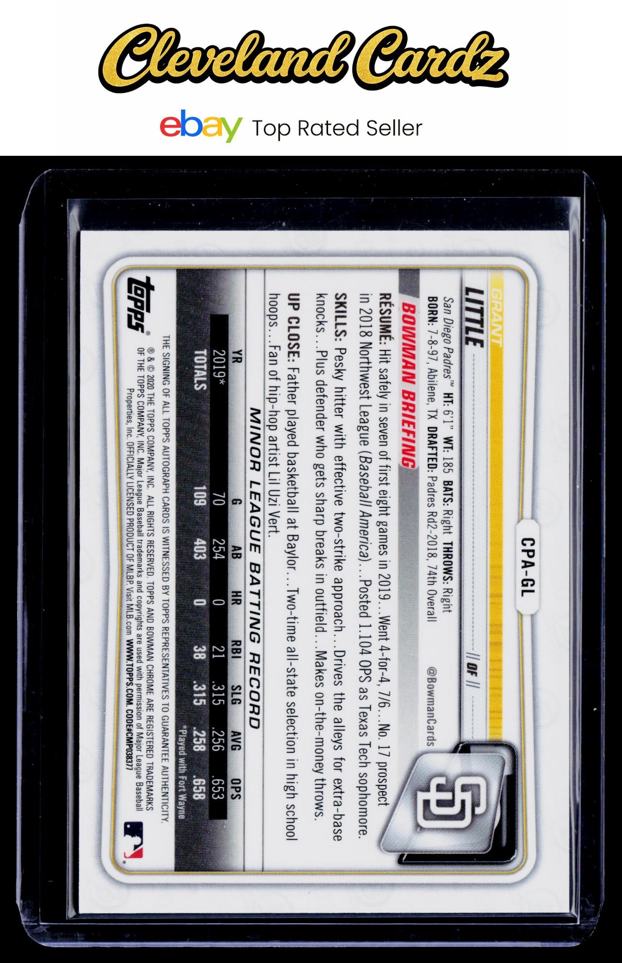 2020 Bowman #CPA-GL Grant Little Chrome Prospect Autographs