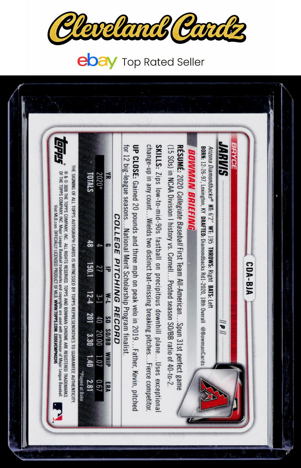 2020 Bowman #CDA-BJA Bryce Jarvis Draft Pick Autographs Purple Refractor #/250