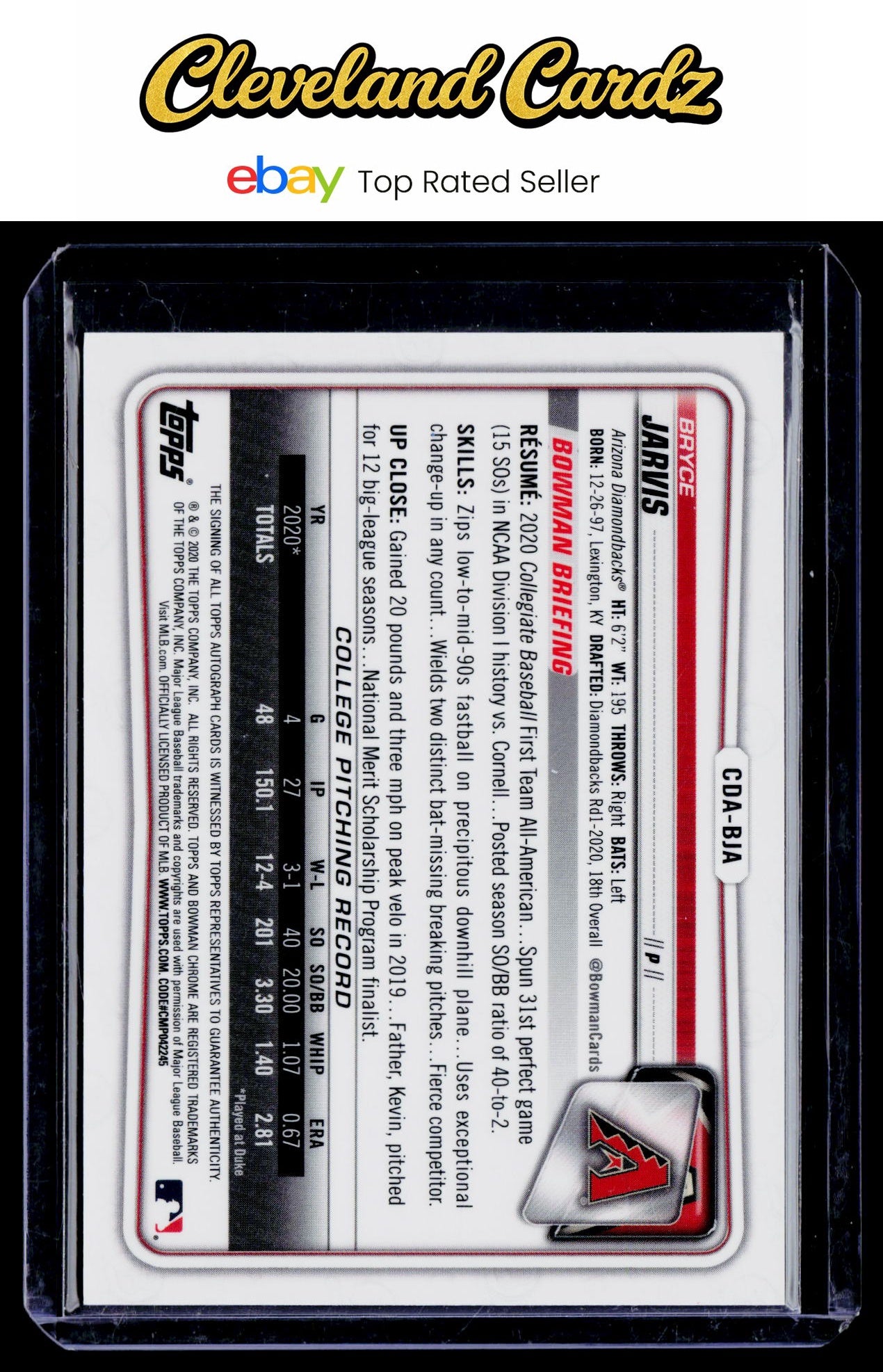 2020 Bowman #CDA-BJA Bryce Jarvis Draft Pick Autographs Purple Refractor #/250