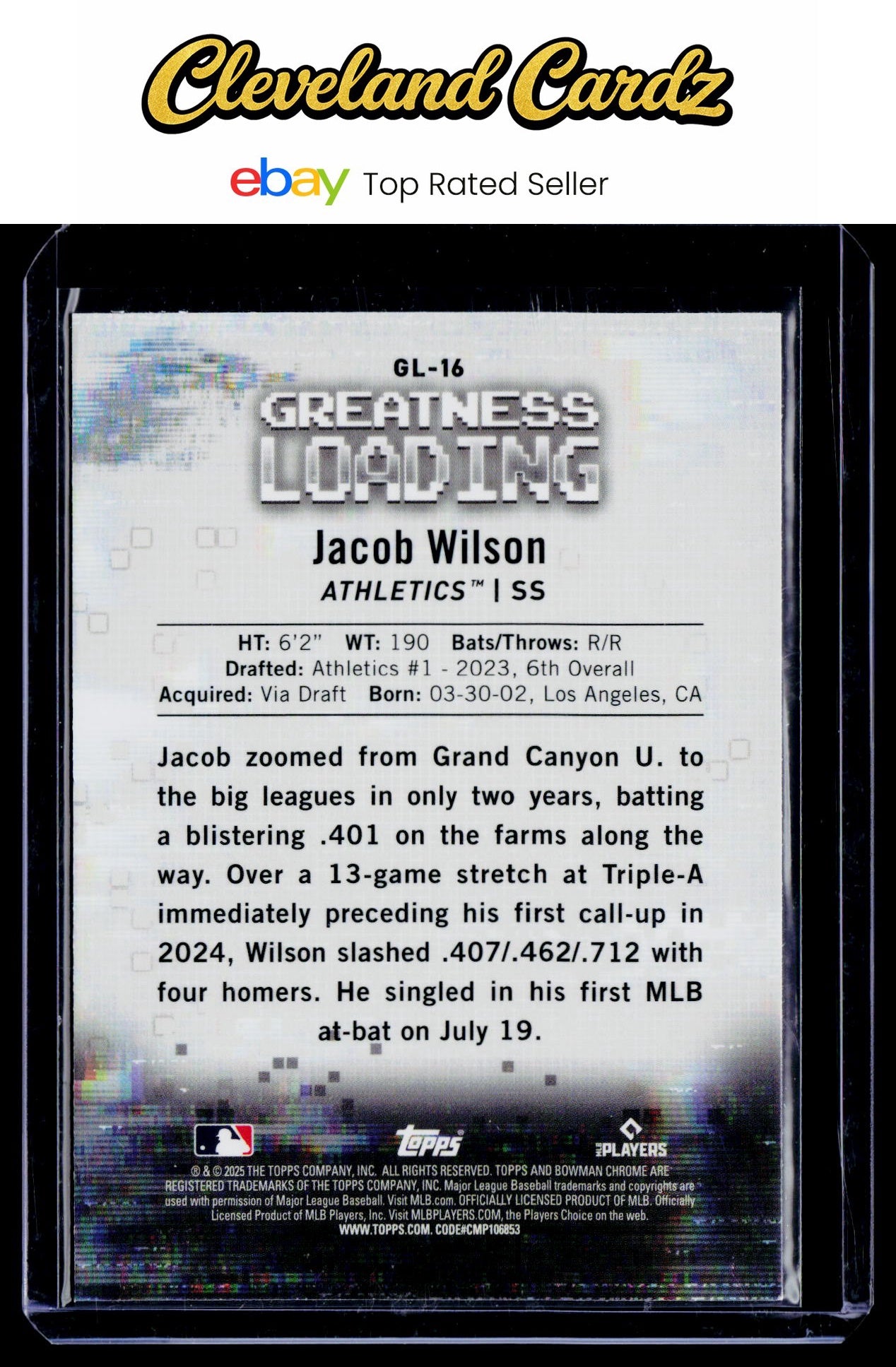2025 Bowman #GL-16 Jacob Wilson Greatness Loading Refractor RC