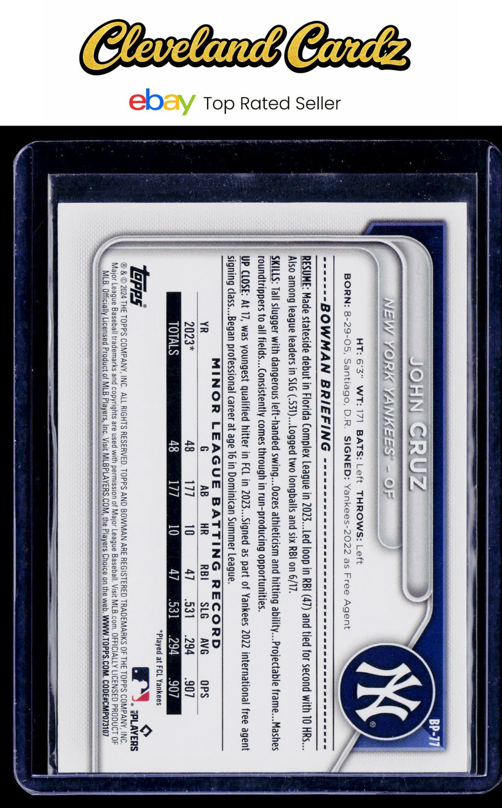 2024 Bowman #BP-77 John Cruz Prospects Neon Green #/399