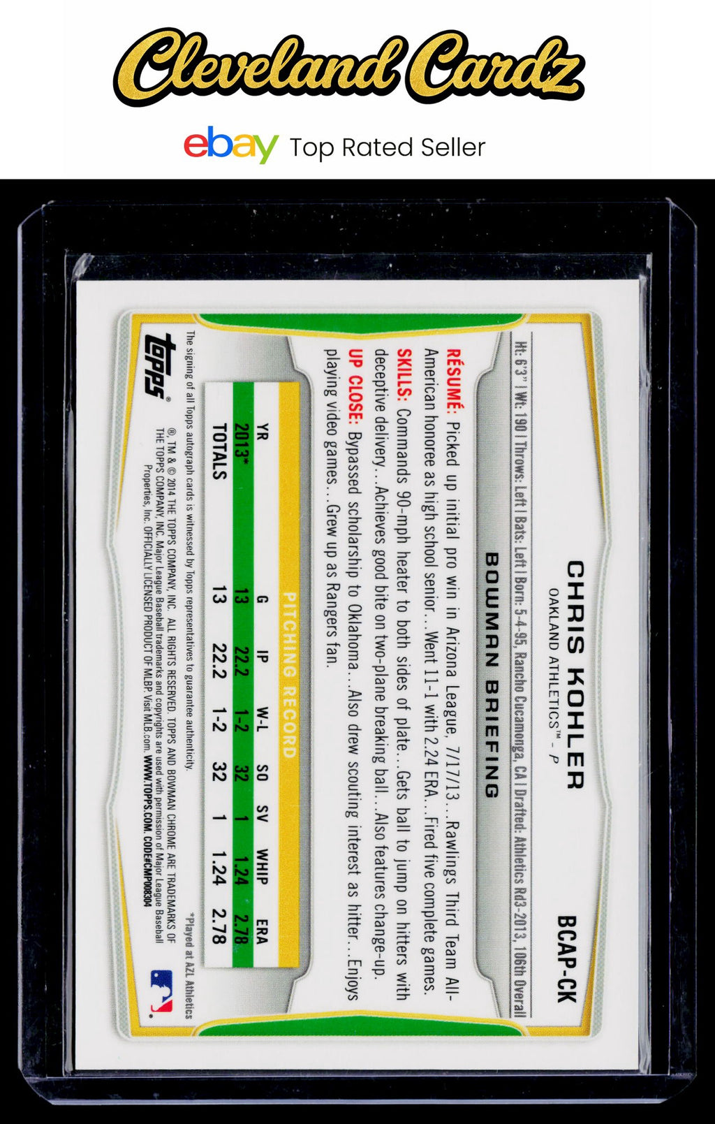 2014 Bowman #BCAP-CK Chris Kohler Chrome Prospect Autographs