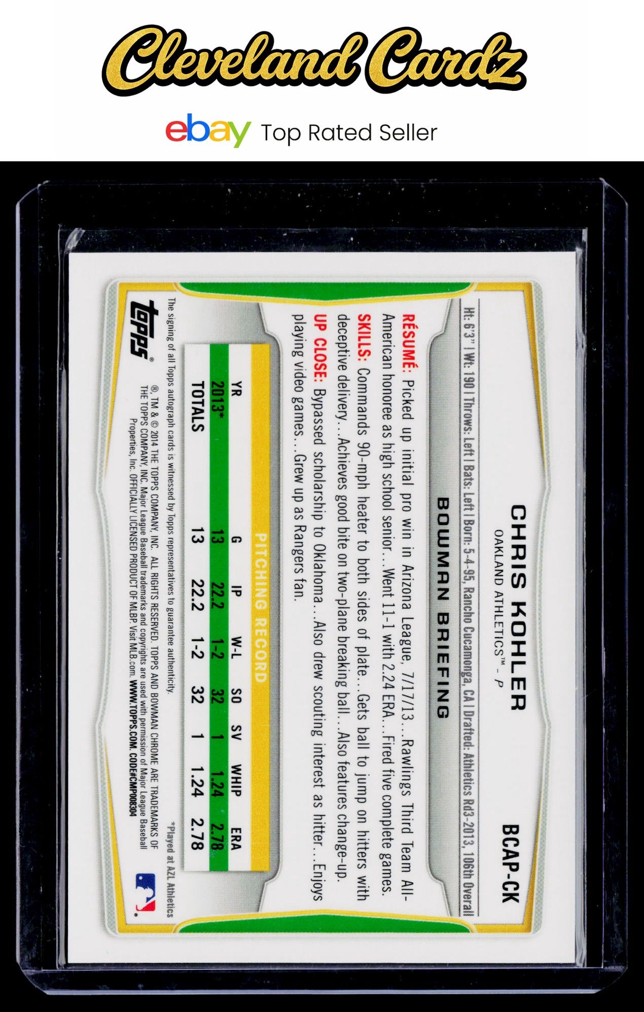 2014 Bowman #BCAP-CK Chris Kohler Chrome Prospect Autographs