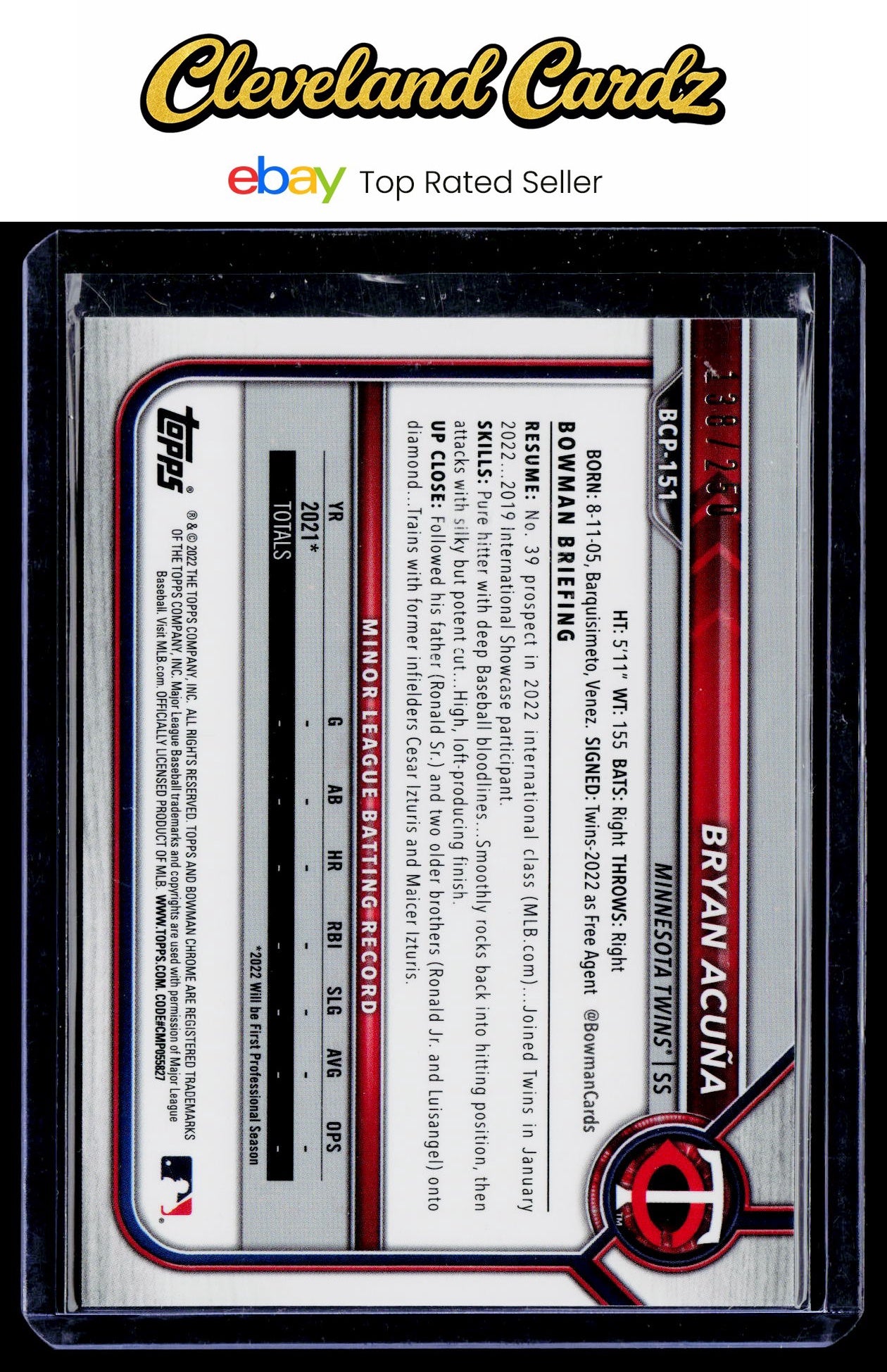 2022 Bowman Chrome #BCP-151 Bryan Acuña Pros. Purple Shimmer Refractor #/250
